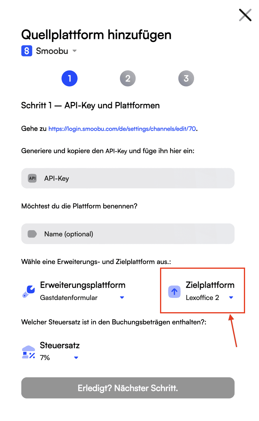 Im Hinzufügen-Wizard eines der Lexware-Office-Konten als Zielplattform wählen