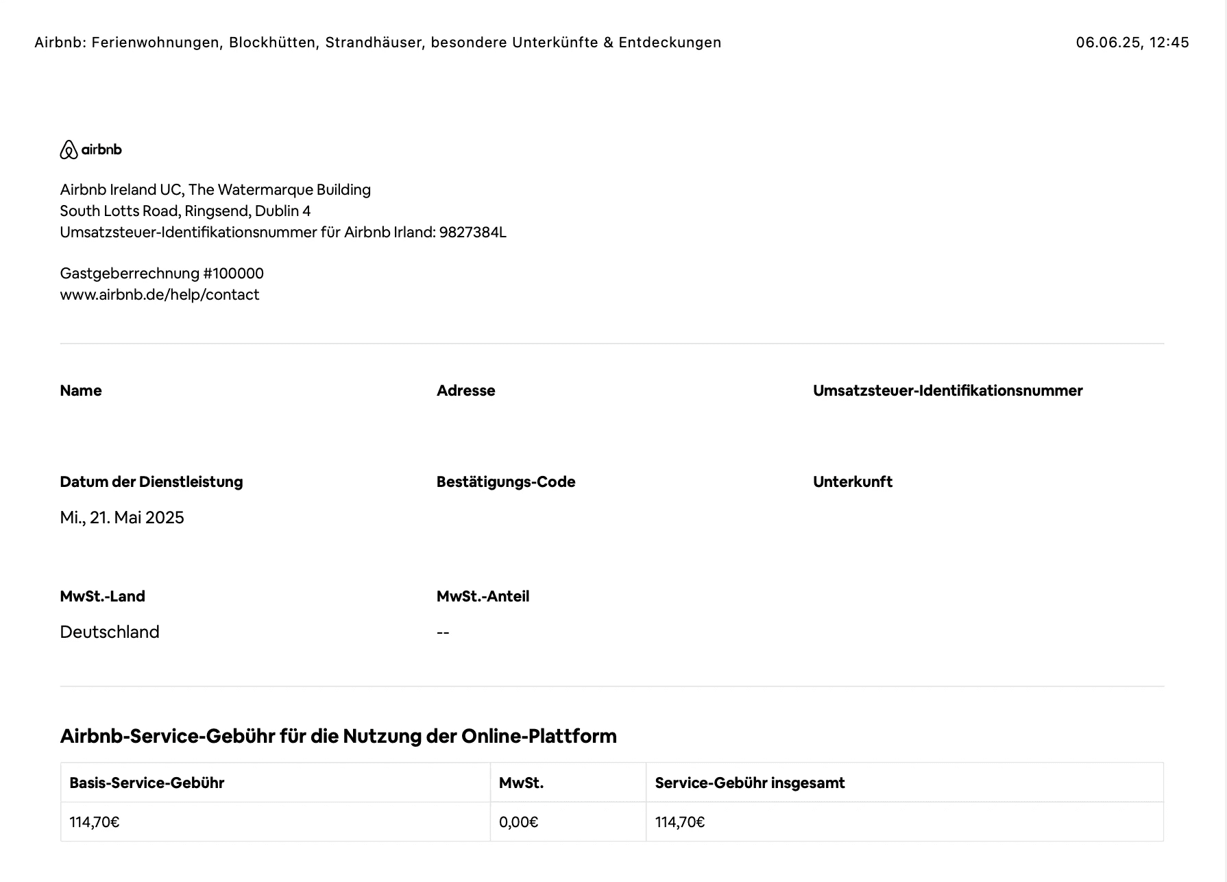 Beispiel einer Airbnb-Mehrwertsteuerrechnung