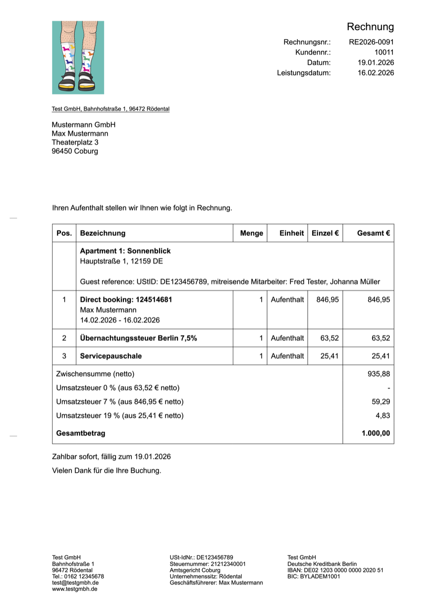 Beispielrechnung: bnbills erzeugt aus einer Smoobu-Buchung automatisch eine GoBD-konforme Rechnung mit korrekter USt-Aufteilung 7%/19% und separater Übernachtungssteuer.